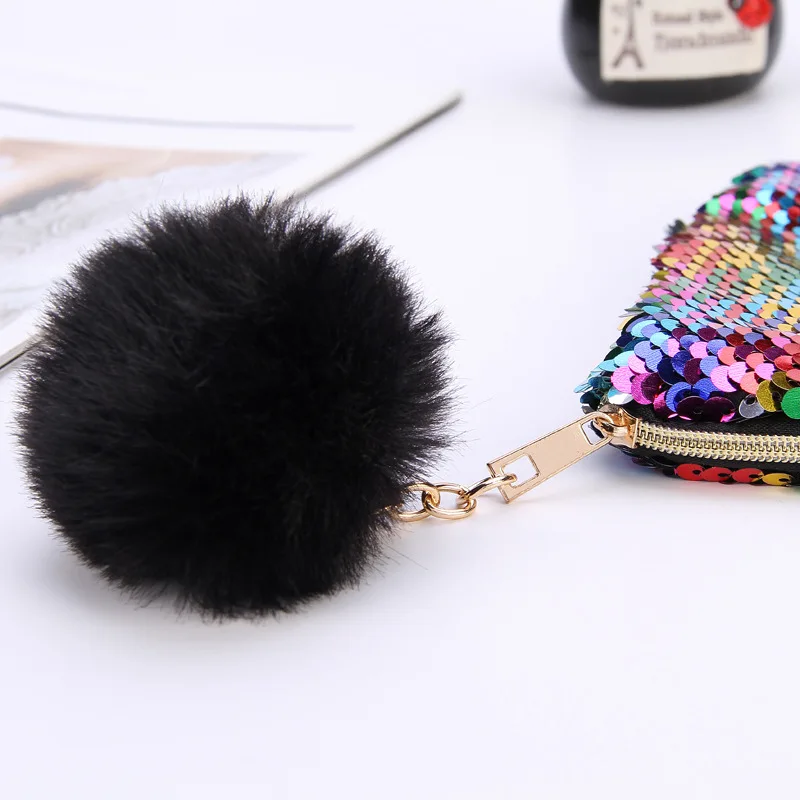 Fashion Reversible Sequins Glitter Makeup Bags Girl Cute Plush Ball Cute Cosmetics Pouchs For Travel Ladies Women Cosmetic Bag