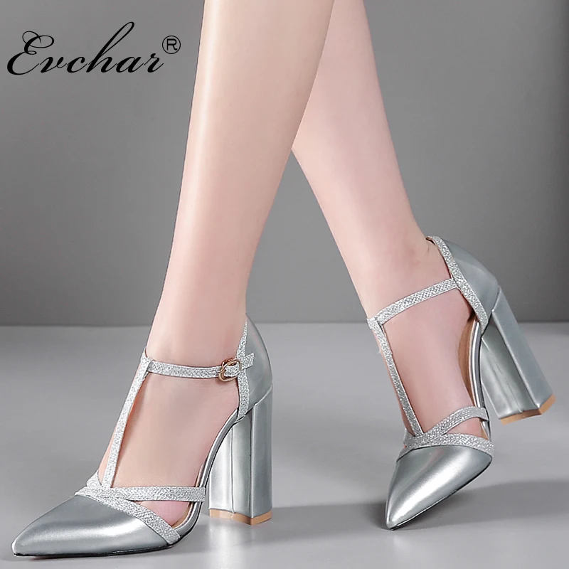 

EVCHAR New PU leather pointed toe women shoes woman sandals t-strap super high heels sexy party wedding shoes large size 34-47