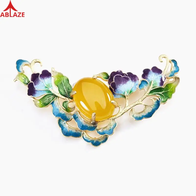 

Quality Fine Jewelry 925 Sterling Silver Pendants Natural Yellow Gems Agate Stone Flower Big Blue Peony Gold Women Loviw Ph003