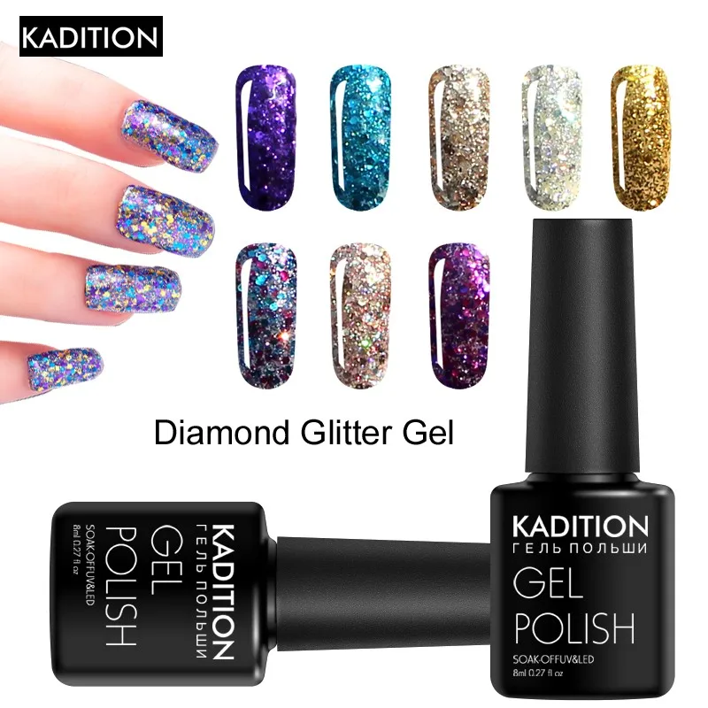 

KADITION Glitter Golden 3D Diamond 8ml Gel Nail Polish Manicure Soak Off UV LED French Professional Design Gel Lacquer Nail Art
