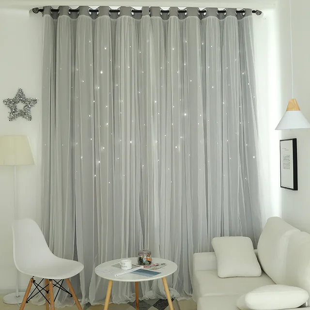 NORNE Hollow Star Thermal Insulated Blackout Curtain for Living Room Bedroom Window Drape Blinds Stitched with White Voile Grey