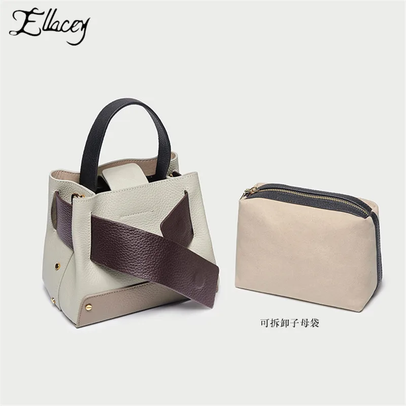 

New Fashion Luxury Handbag Women Cow Leather Patchwork Tote Bag Ladies Bucket Shoulder Bags Genuine Leather Composite Bag Sets