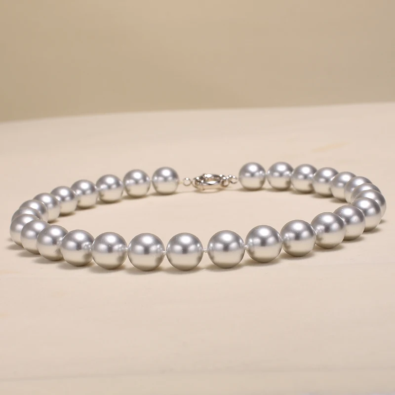 Dropshipping 13-14 mm Mother of Pearl Round Silver Pearl Necklace, Shell Pearl Necklace, Birthday Gift For Women