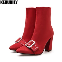 Red Ankle boots Woman Chunky heels Shoes Zip Sexy high heel boots fashion Ladies Booties buckle rivet zapatos de mujer black Red Ankle boots Woman Chunky heels Shoes Zip Sexy high heel boots fashion Ladies Booties buckle rivet zapatos de mujer black