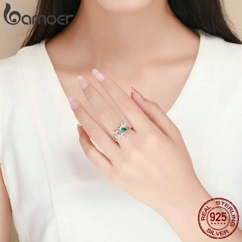 BAMOER 100% 925 Sterling Silver Adjustable Hummingbird Gift Luminous Clear CZ Finger Rings for Women Silver Jewelry BSR016