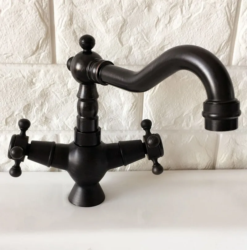 Black Oil Rubbed Brass Dual Cross Handles One Hole Bathroom Kitchen Basin Sink Faucet Mixer Tap Swivel Spout Deck Mounted mnf362