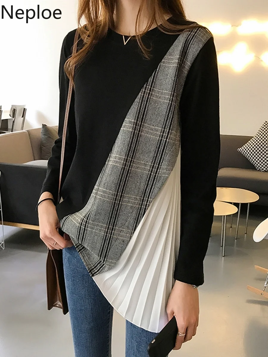

Neploe Women Long Sleeve Tops Shirts Irregular Plaid Patch Contrast Color Shirt O-neck Plus SIze Shirt Femme camisas mujer 38287