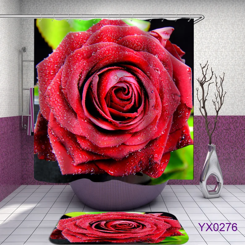 

Rose Print Waterproof Shower Curtain Polyester Fabric Bath Curtain Home Bathroom Curtains with 12 Hooks Shower Curtains