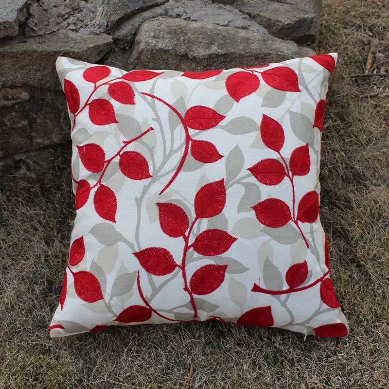 New embroider red leaves floral cotton linen sofa cushions throw
