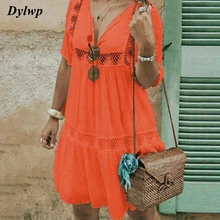Plus Size S-5XL 2019 Women V-neck Dress Hollow Out Short Sleeve Big Size Mini Dress Summer Female Casual Loose Beach Dresses trendy short sleeve hollow out embroidered women s dress