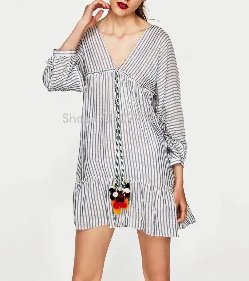 

2019 Women european V-Neck za tassels ball gown stripe one-pieces pinstriped Dress Hot Sale Women Clothing vestidos