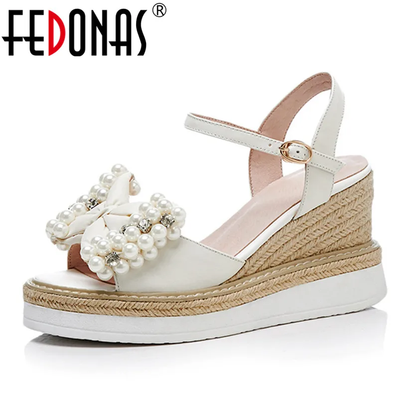 

FEDONAS New Women Platform Sandals Genuine Leather Pearl Decoration Butterfly Knot Party Casual Shoes Summer Basic Shoes Woman