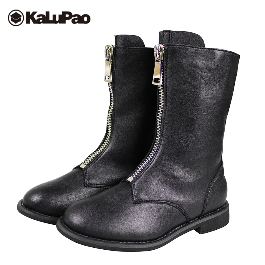Baratos Kalupao botas de nieve de cuero genuino para niños botas de cuero negro rojo invierno botas planas calientes niños antideslizantes zapatos de goma