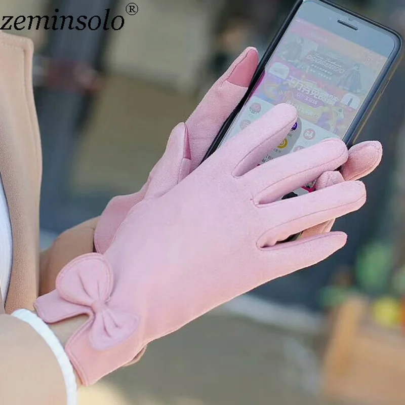 Модные женские зимние перчатки из искусственной кожи с бантом, женские, дамские, для девушек, с сенсорным экраном, рукавицы из кашемира, шерстяные перчатки, варежки для Smartphine - Цвет: pink