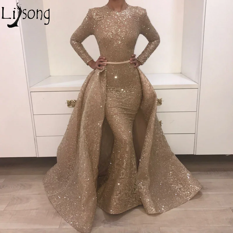 Gold Sequins Two Pieces Evening Dress Mermaid Prom Dresses Arabic Shiny Party Dress Silver Musilm Gowns Vestido De Festa Cheap219