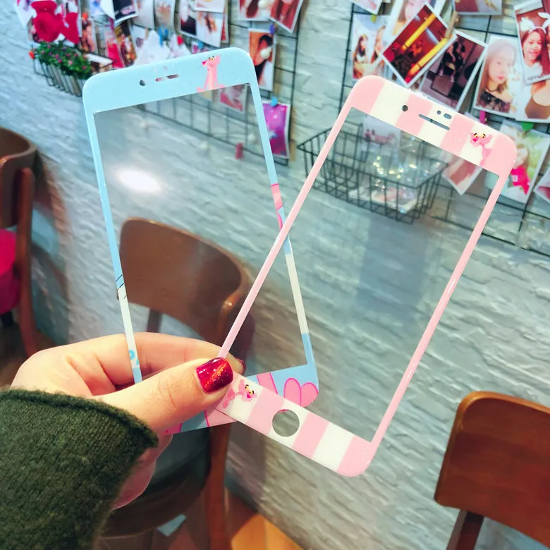

For iPhoneX 8/6S 7PLUS 10sets/lot Fashion Pink Panther Shine Soft-edge Carbon Fiber Front Screen tempered glass Protector