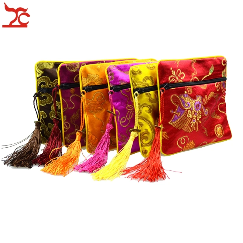50pcs 4 1/2" Square Chinese Silk Jewelry Pouch Display Packaging Pouch Zipper Wedding Party Favor Gift Bag