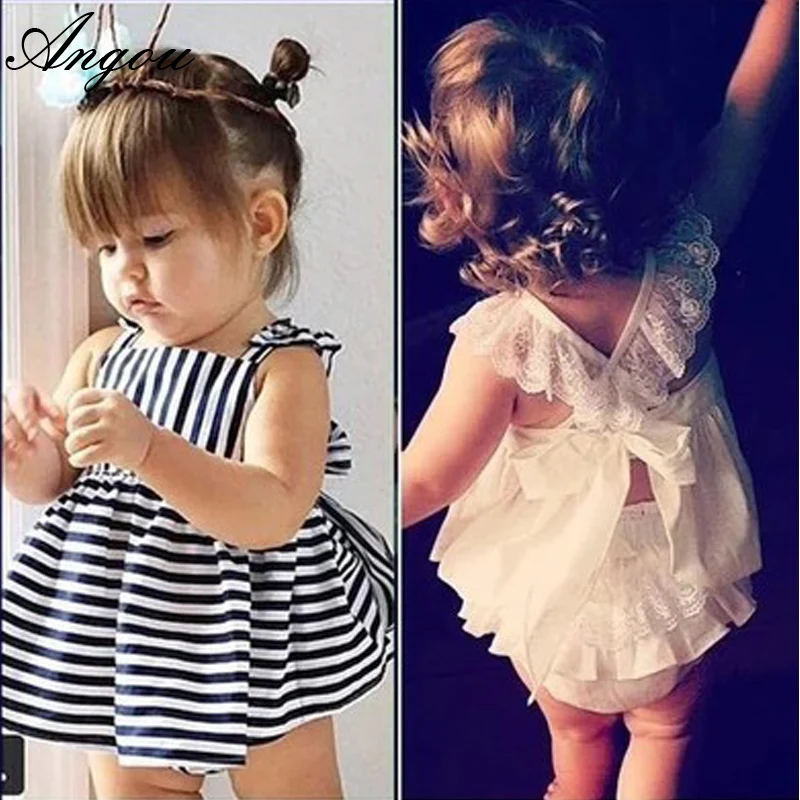 Agou 2016 Ins Hot Baby Girl Sets Striped Bow Princess Toddler Clothing