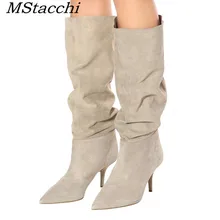Mcacchi/осенне-зимние модельные сапоги до колена в европейском и американском стиле, для подиума, со складками, под змеиную кожу, без шнуровки сапоги на тонком каблуке с острым носком