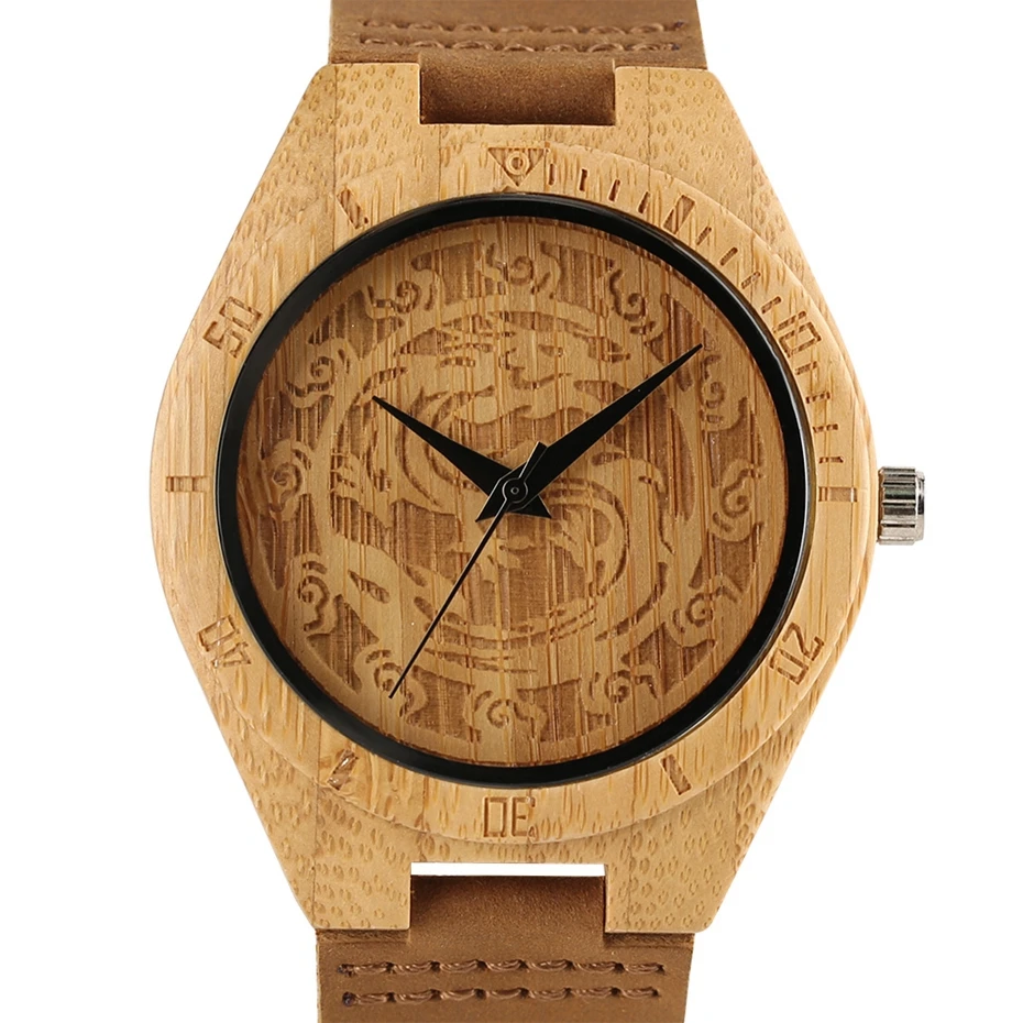 Creative Hands Craft Dragon Dial Wooden Watches Natural Bamboo Analog Genuine Leather Carving Wood Quartz Watch Men Reloj Hombre 2018 (4)