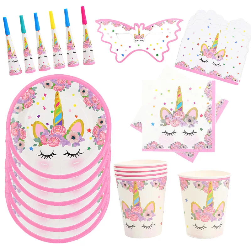 

1set Unicorn Party Supplies Set Disposable Tableware Birthday Party Pink and Gold Unicorn Paper Napkin Cup Plate