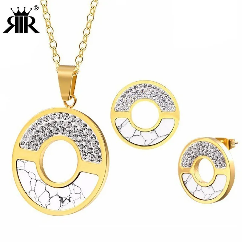 

RIR 2018 New Arrival Stainless Steel Jewelry Sets Blue Marble Stone Pendant and Earrings Cubic Zirconia Necklace For Wedding