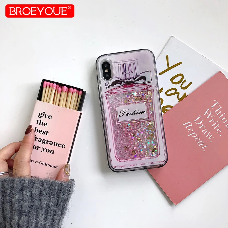 

BROEYOUE Liquidsand Case For iPhone X 6 6S Plus 6 6S 7 8 Plus Glitter Dynamic Flowers Bottle Case Back Cover For iPhone 5 5S SE