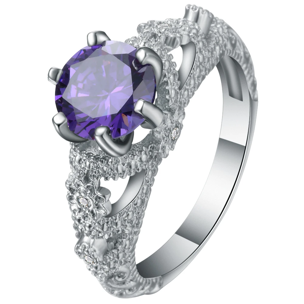 New Fashion Purple Cubic Zirconia Bead Flower Ring Female Silver Color