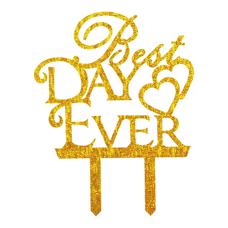 Best Day Ever Love Heart Wedding Cake Flags Black White Gold Silver Acrylic Cake Topper Wedding Anniversary Party Cake Decor