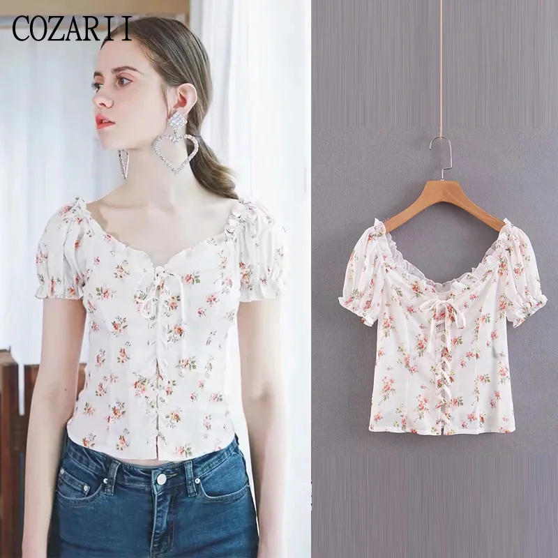 

COZARII blusas mujer de moda 2019 casual style print V-Neck bow puff sleeve chiffon kimono blouse womens tops and blouses