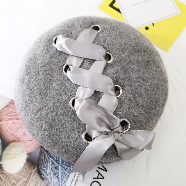 VISROVER New Sweet Cute Berets Women Winter Hats Soft Macaron color Ribbon Woolen Lolita Beret classical Soft Straps Cross Bow grey