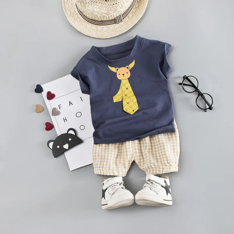 

Little Boys Party Clothing Baby 2pieces/Set Clothing Sets Khaki Plaid Shorts + Solid T-shirt Infant Outfits Baby Clothes Suit