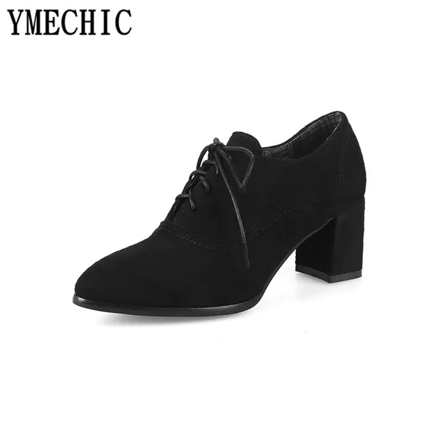 Женские туфли лодочки из флока YMECHIC 2018 коричневые зеленые черные на шнуровке