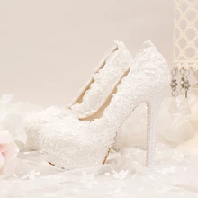 2017 new white super high waterproof table, single shoes, fine heel shoes, lace flower, pearl wedding shoes, bride shoes