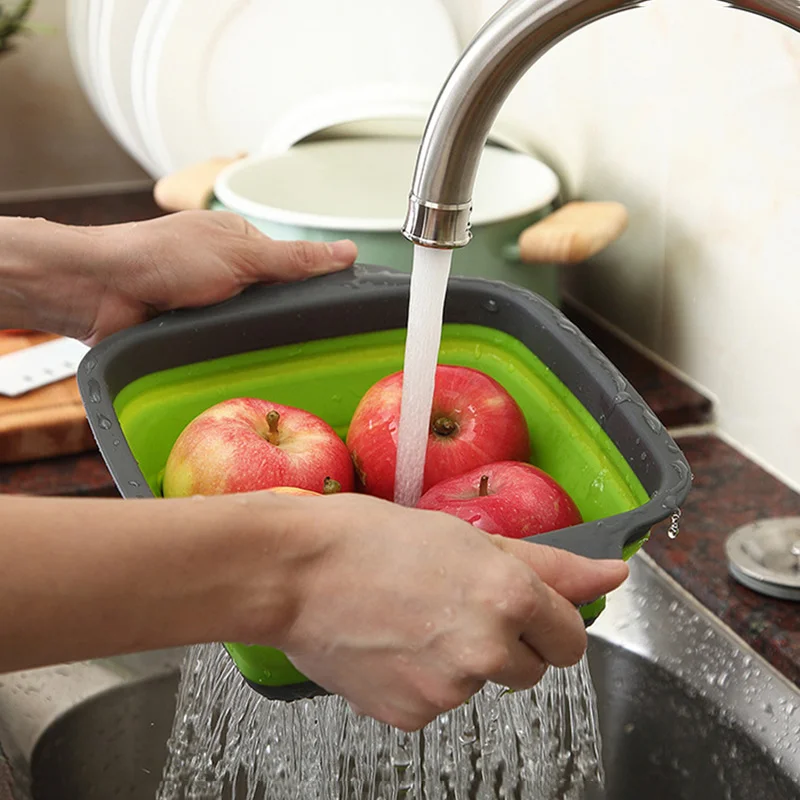 

Foldable Fruit Vegetable Washing Basket Strainer Portable Silicone Colander Collapsible Drainer with Handle Kitchen Tools