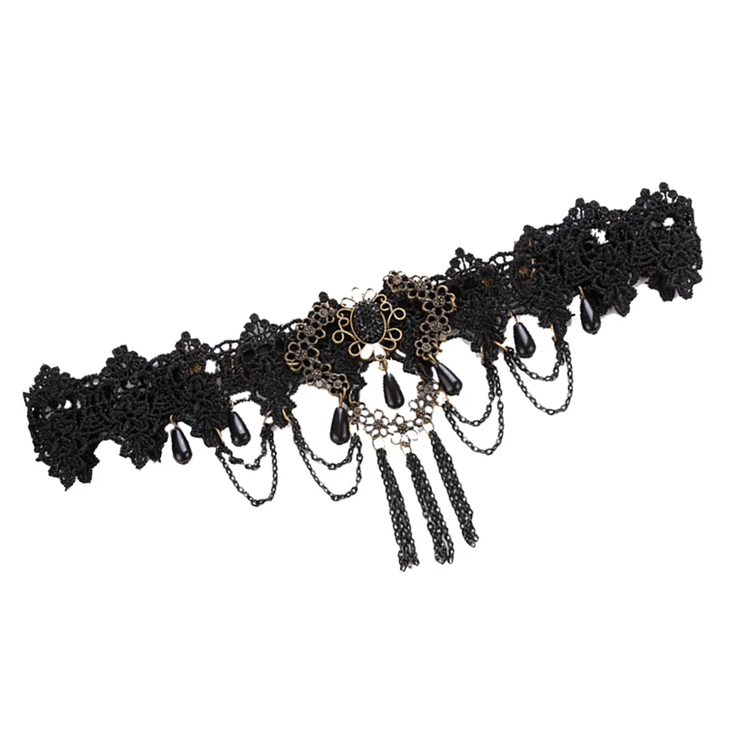 Phenovo Romantic Gothic Style Headband Women Black Lace Tassel Beads Hair Band for Party Fashion Jewelry