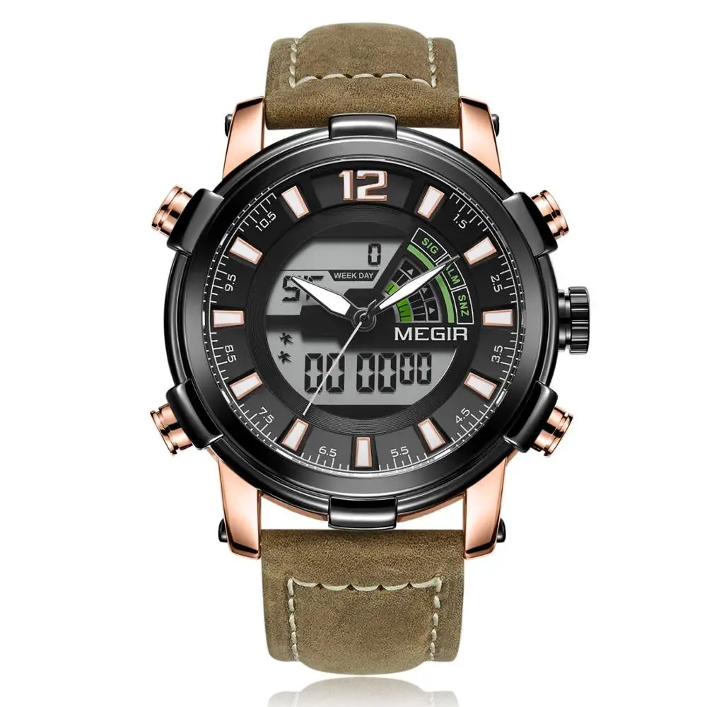 

MEGIR Double display movement multi-function sports leather Men's Watch Waterproof men watch relogio masculino montre homme