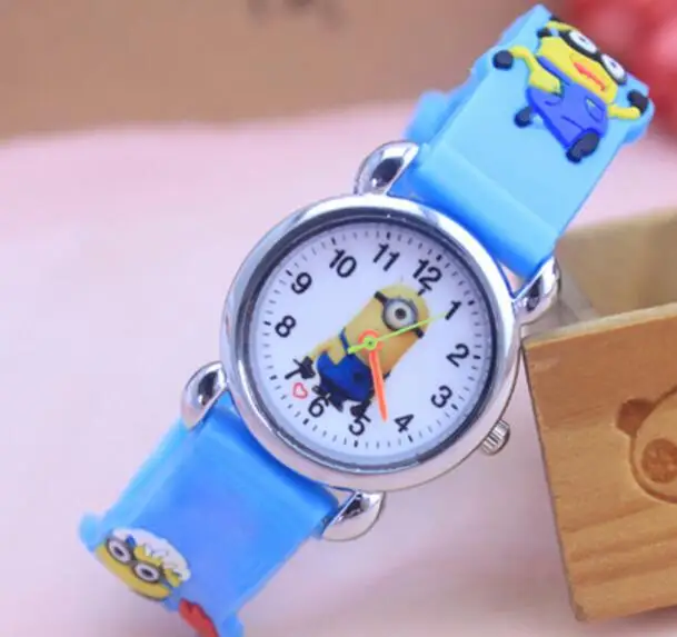 Новые мультфильм 3D Миньоны детские наручные часы дети мультфильм кварцевые часы, рождественский подарок - Цвет: Небесно-голубой