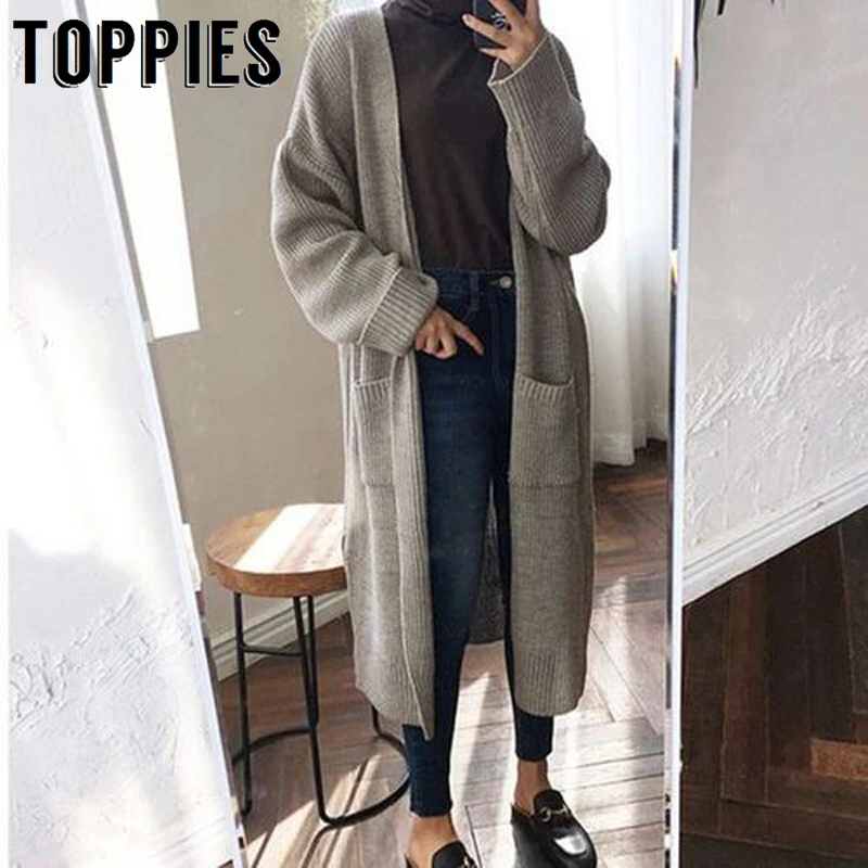 Achat Hiver Long Cardigan femmes couleur unie surdimensionné Cardigan tricot chandail lâche manteau femme 2019