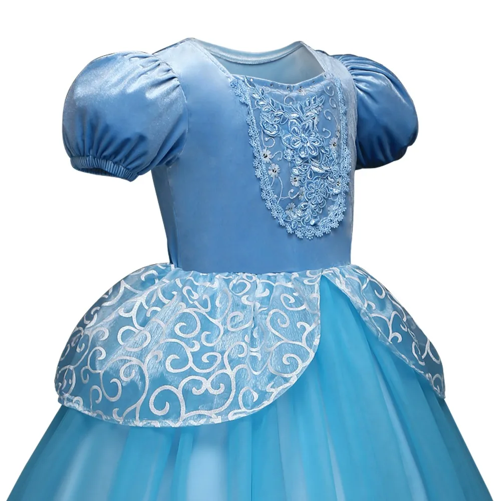 Платье Золушки для девочек; маскарадные костюмы; детская синяя одежда с рукавами-фонариками и вышивкой; детское рождественское платье для принцессы на день рождения