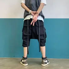 Летние новые уличные тренды Harajuku трехмерные многокарманные повседневные хлопковые однотонные Молодежные свободные укороченные брюки