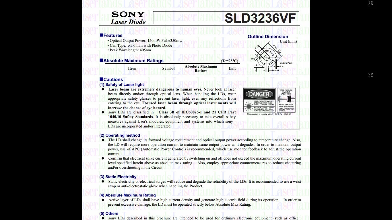 SONY SLD3236vf 5,6 мм 405nm 150 мВт Фиолетовый/синий CW лазерный диод LD TO18