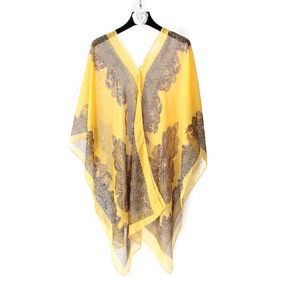 1 шт. Женская шаль Бохо цветочный принт шифон Солнцезащитный пляжный бикини накидка для лета FDC99 - Цвет: ginger yellow