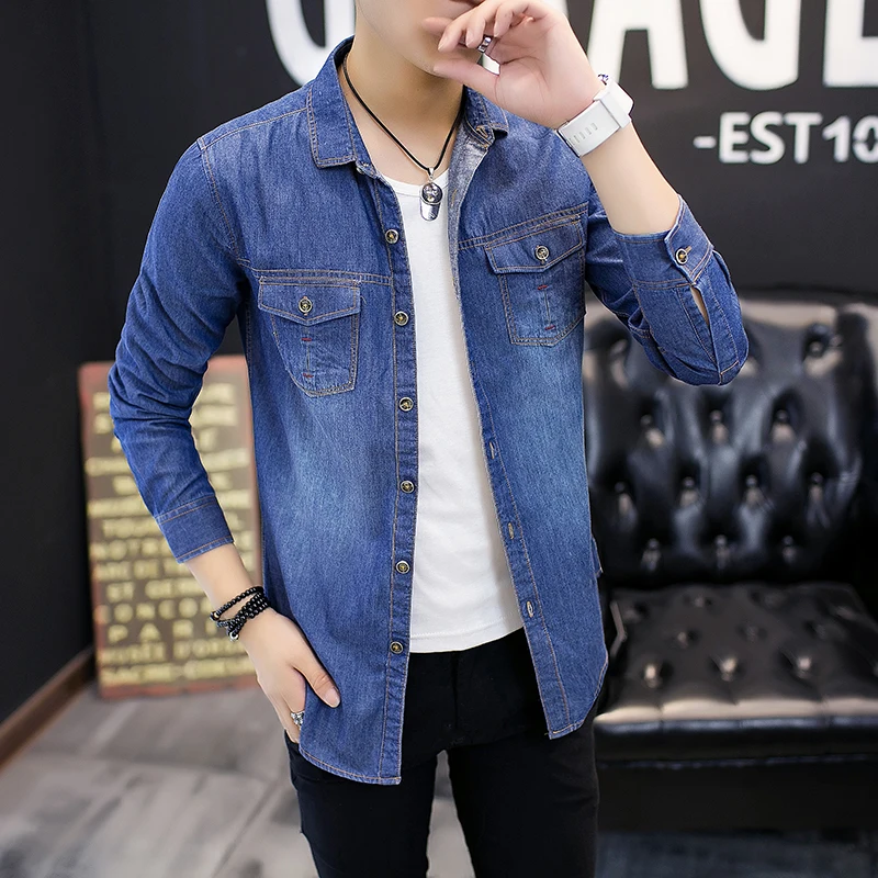 2017 Spring font b Men s b font Casual Long sleeved Denim font b Shirt b