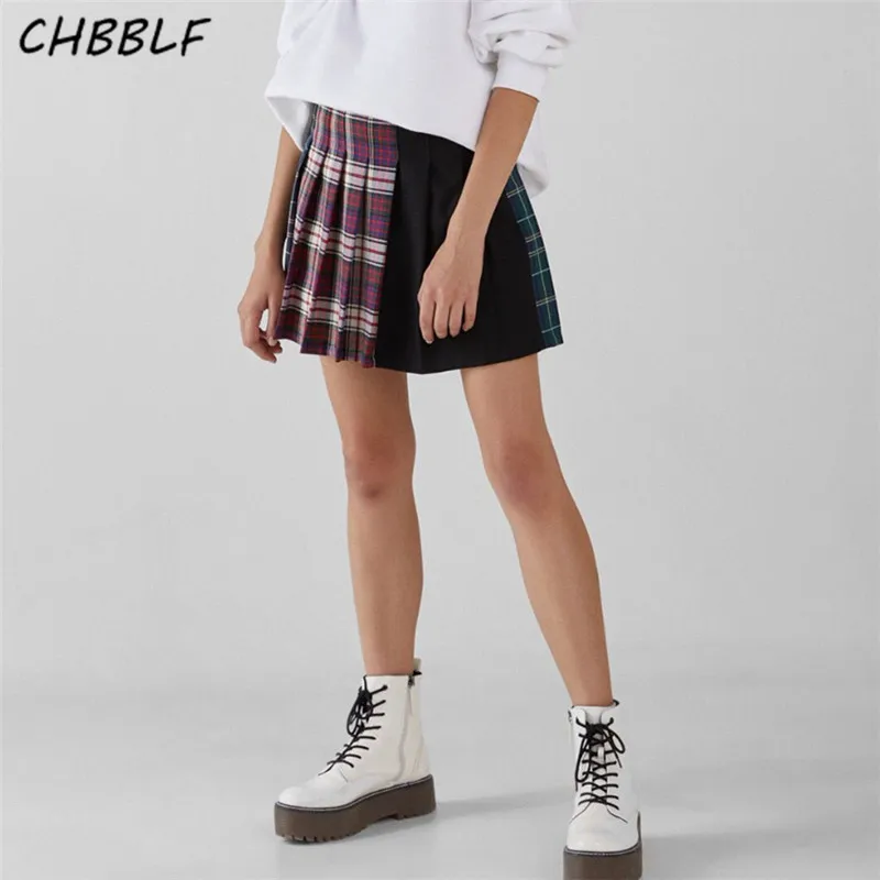 CHBBLF Женская милая плиссированная мини-юбка в клетку юбка со складками на молнии сбоку женская уличная юбка в консервативном стиле NJN1265