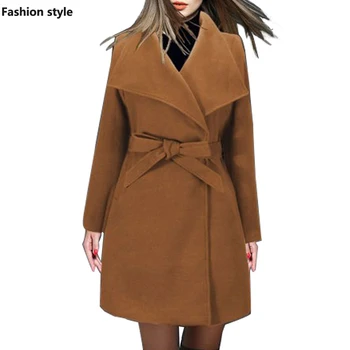 

2019 New style Womens long sleeve big lapel woolen coats casual womens waistband outerwear fashion lady colothing
