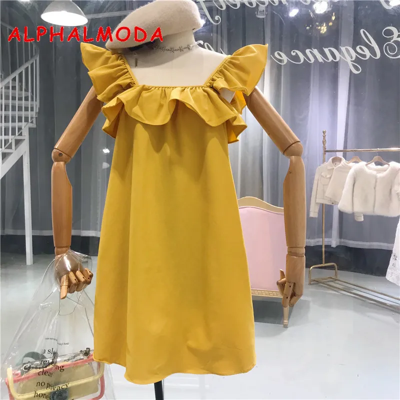 

ALPHALMODA Summer Women's Ruffled Shoulder Pullovers A-line Solid Dress Different Ways of Wearing Loose Summer Vestidos