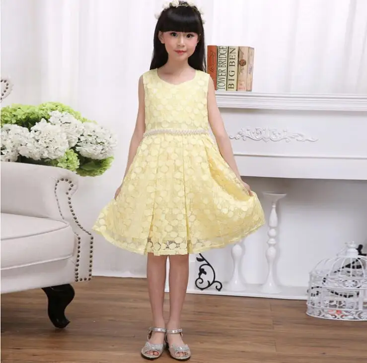 

New Dresses For Girls Cute Lace Solid Sleeveless Children Dress Grown Party Princess Baby Kids Clothes Long Size