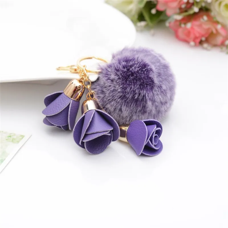 

Mix Colors New Arrival Rose Fur Keychain Girl's Romantic Pom Pom Pendant Key Chains Rhinestone Bag Keychain Gift