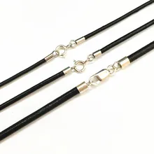 Cabo de couro preto colar com 925 conectores de prata esterlina e fecho, cordão redondo para homens e mulheres 1.5mm,2mm,3mm
